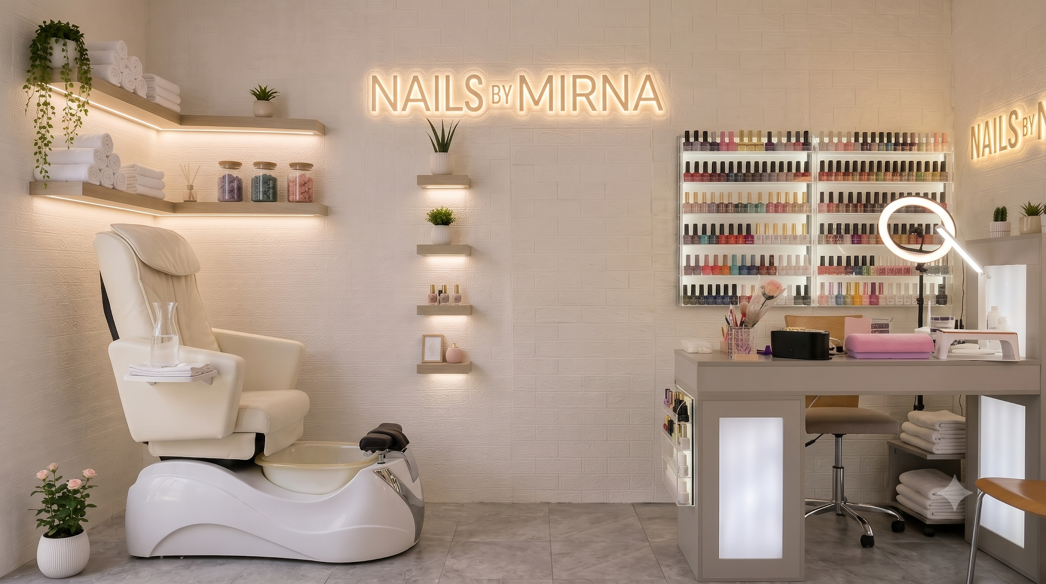 De salon van Nails by Mirna: verlichte letters NAILS BY MIRNA aan de muur, zwevende planken met licht en een wand vol nagellak